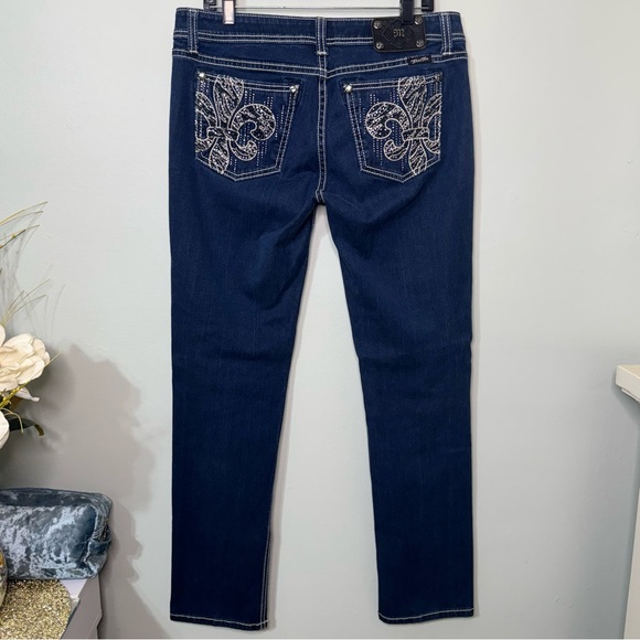 Miss Me Easy Skinny Jean Fleur De Lis Dark Wash Jeans Rhinestone Bling Size 31 - Picture 2 of 10
